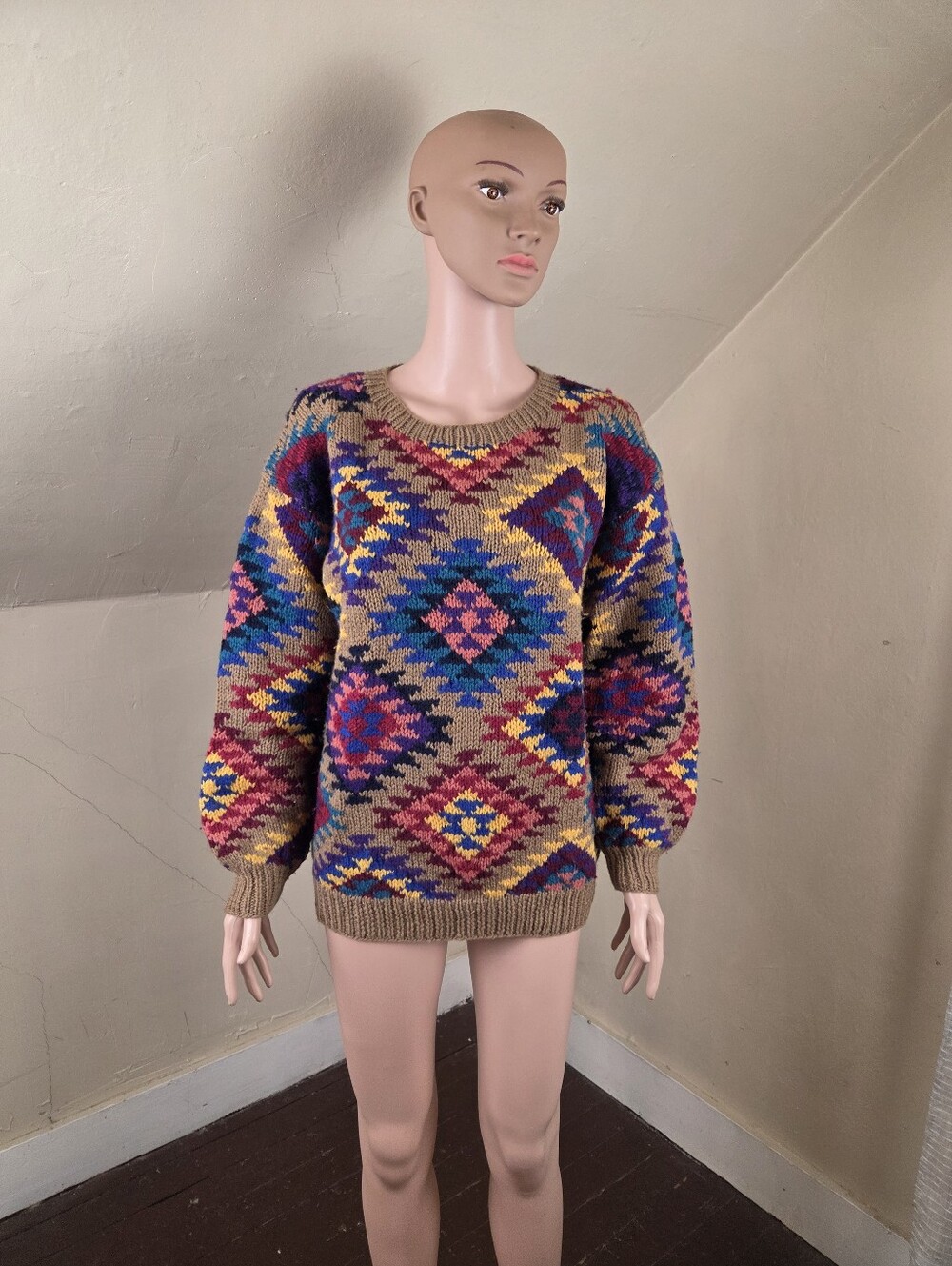 VTG Trifles 100% Worsted Wool‎ Southwestern Aztec Knit Sweater Women's L